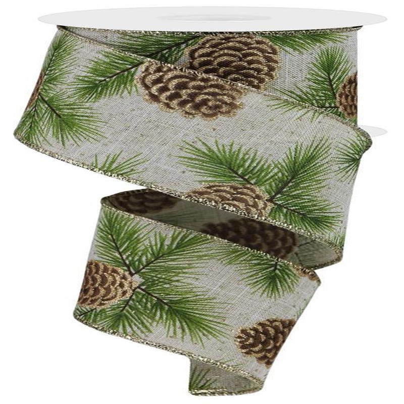 10 Yards of Pine Cones & Pine Needles Royal Burlap Ribbon