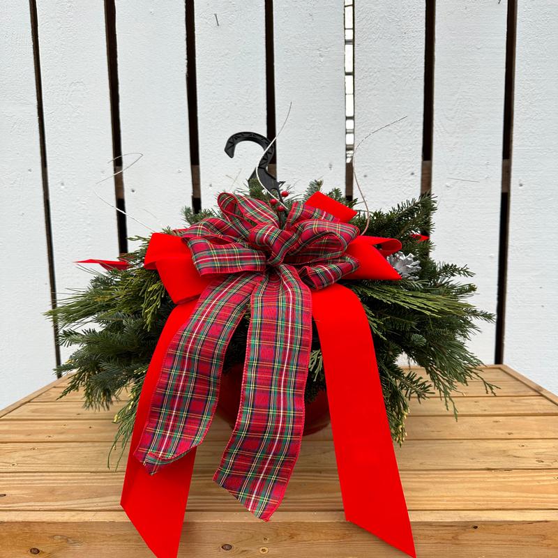 12'' Decorated Christmas Plaid Red Hanging Basket (Xmas)