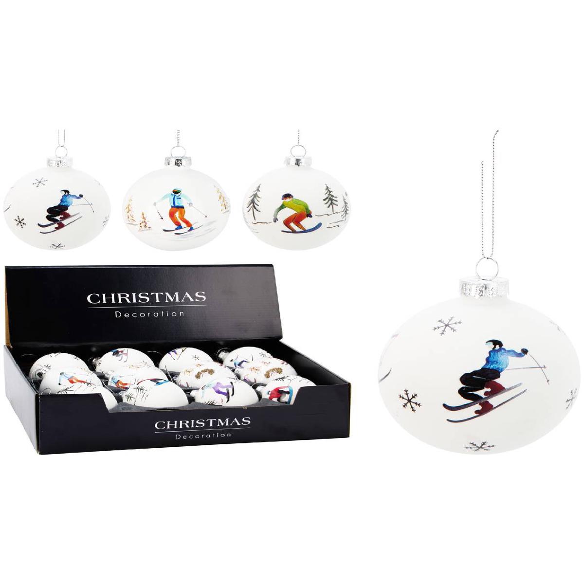 White Glass Christmas Tree Ball with Skiers, 8cm