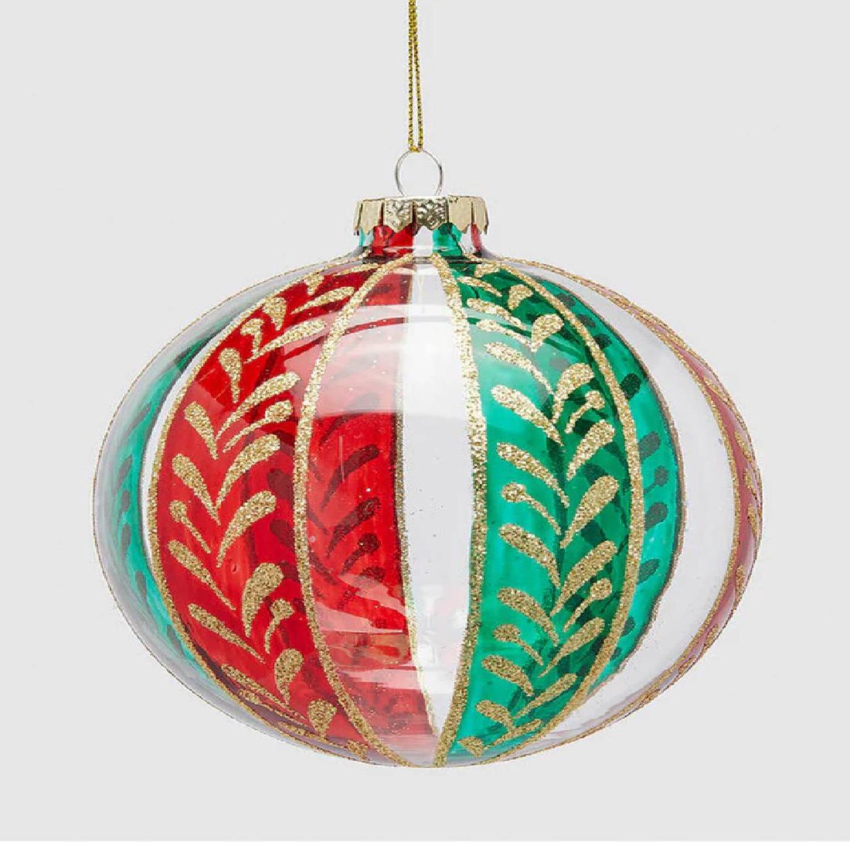 12cm Red and Green Glass Christmas Tree Ball with Wedges