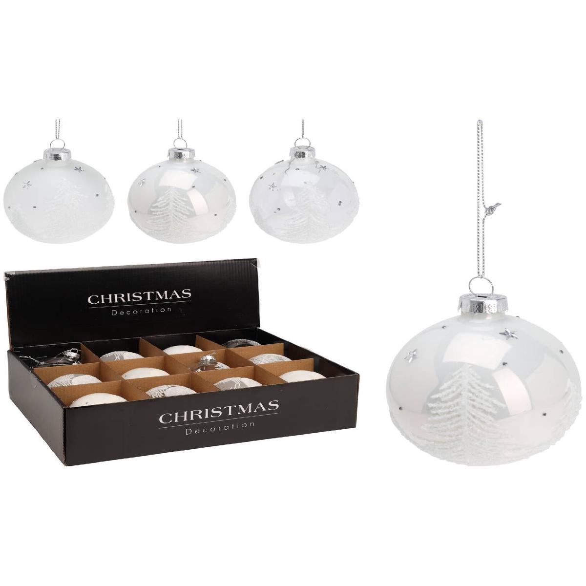 White Glass Christmas Tree Ball with Glitter, 8cm