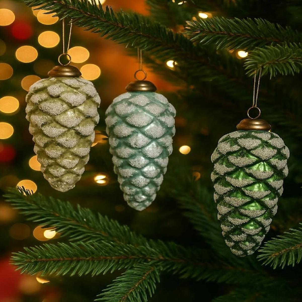 12cm Glass Christmas Tree Ball with Snowy Pine Cone and Glitter