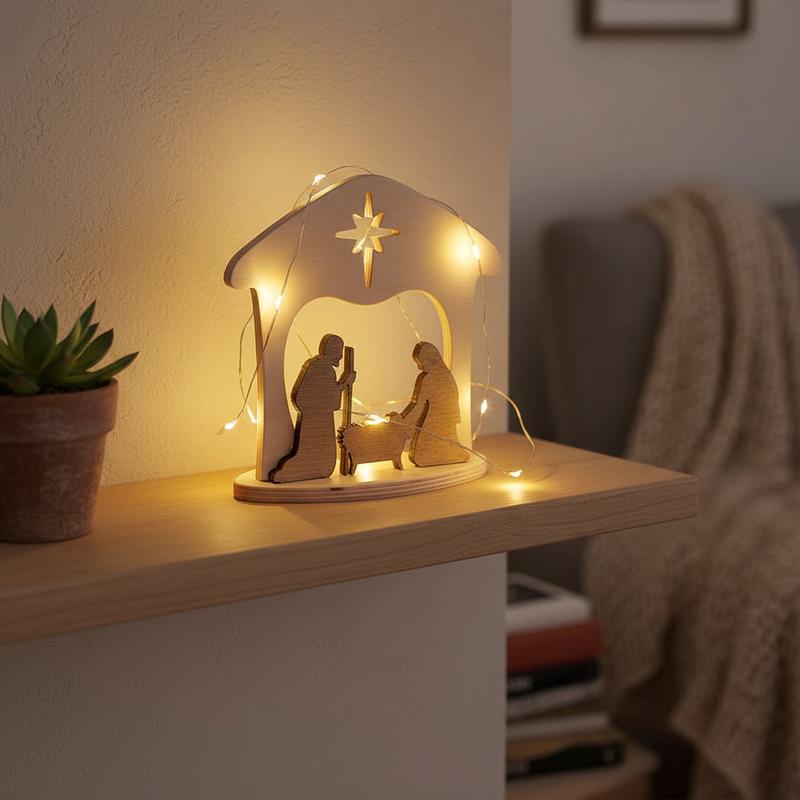 Wooden Manger Scene, One-Piece Nativity Set for Mantel or Shelf
