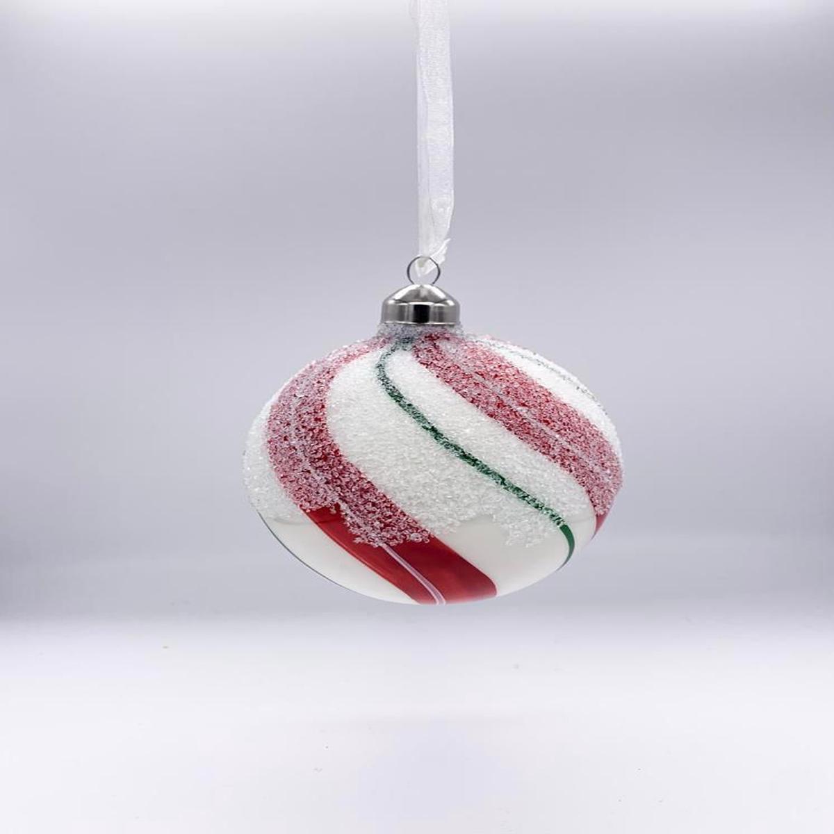 10cm Wavy Striped Glass Christmas Tree Ball with Snow Effect