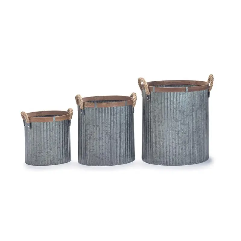TIN PLANTER SET WITH WOOD TRIM