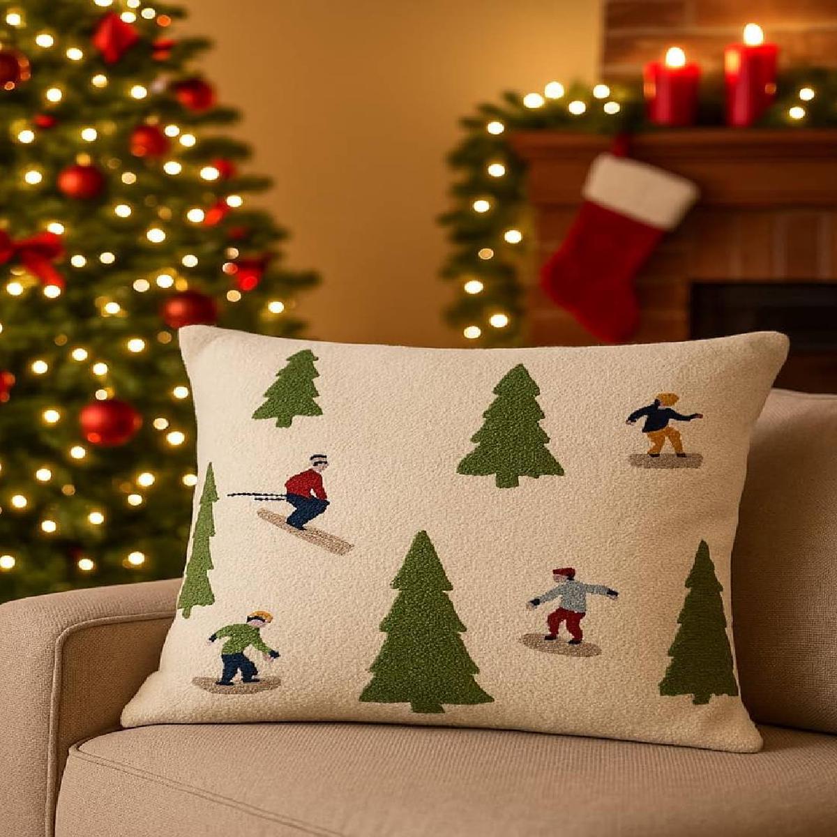 White Cotton Christmas Cushion with Skiers 45cm