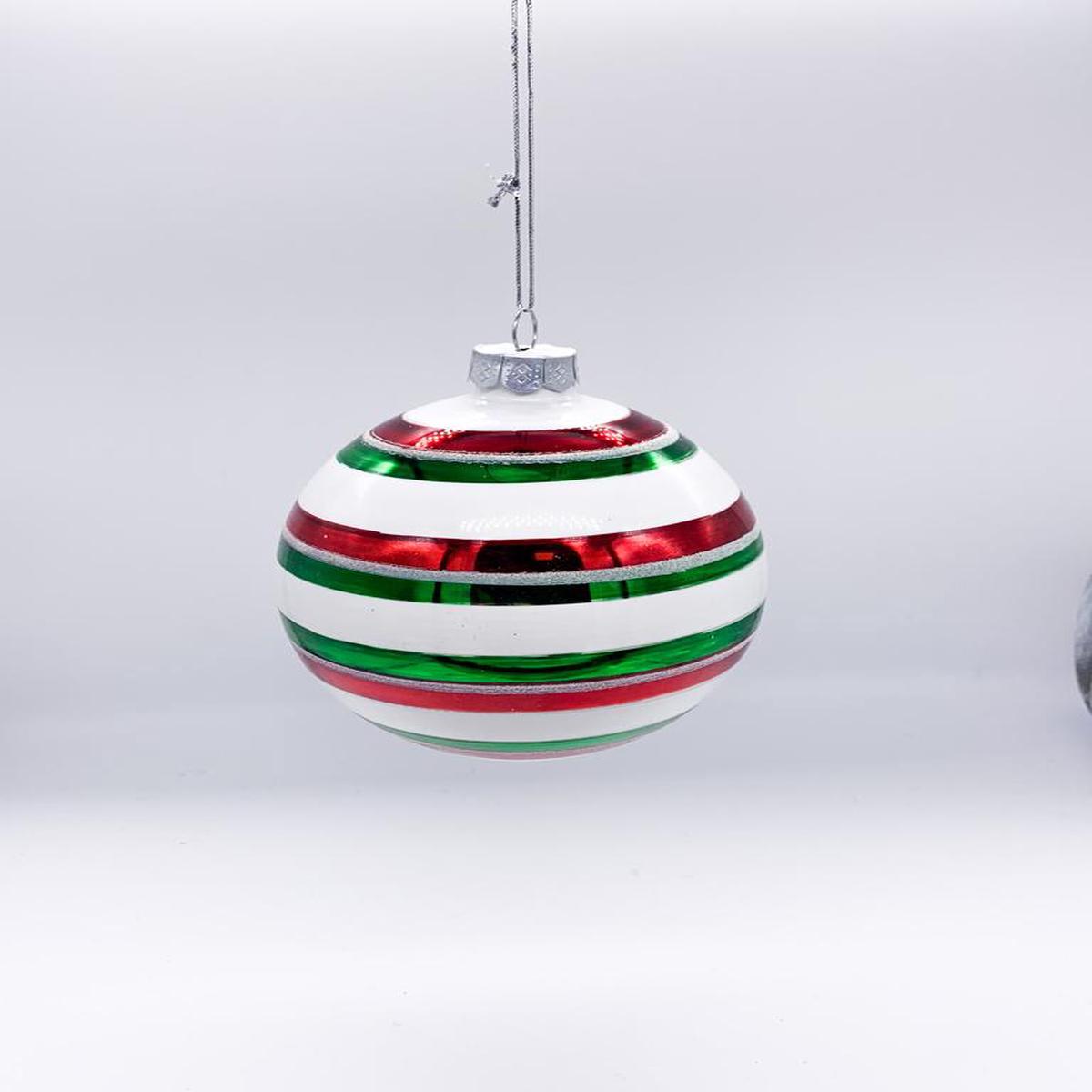 10cm Red, White, and Green Striped Glass Christmas Tree Ball