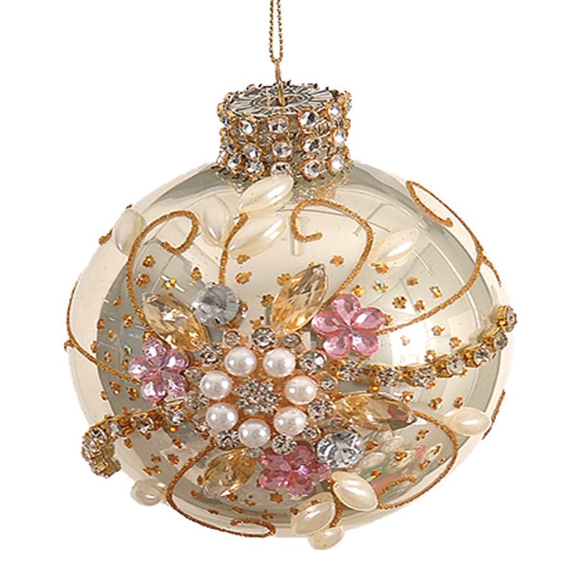 White Glass Christmas Tree Ball with Assorted Jewels, 10cm