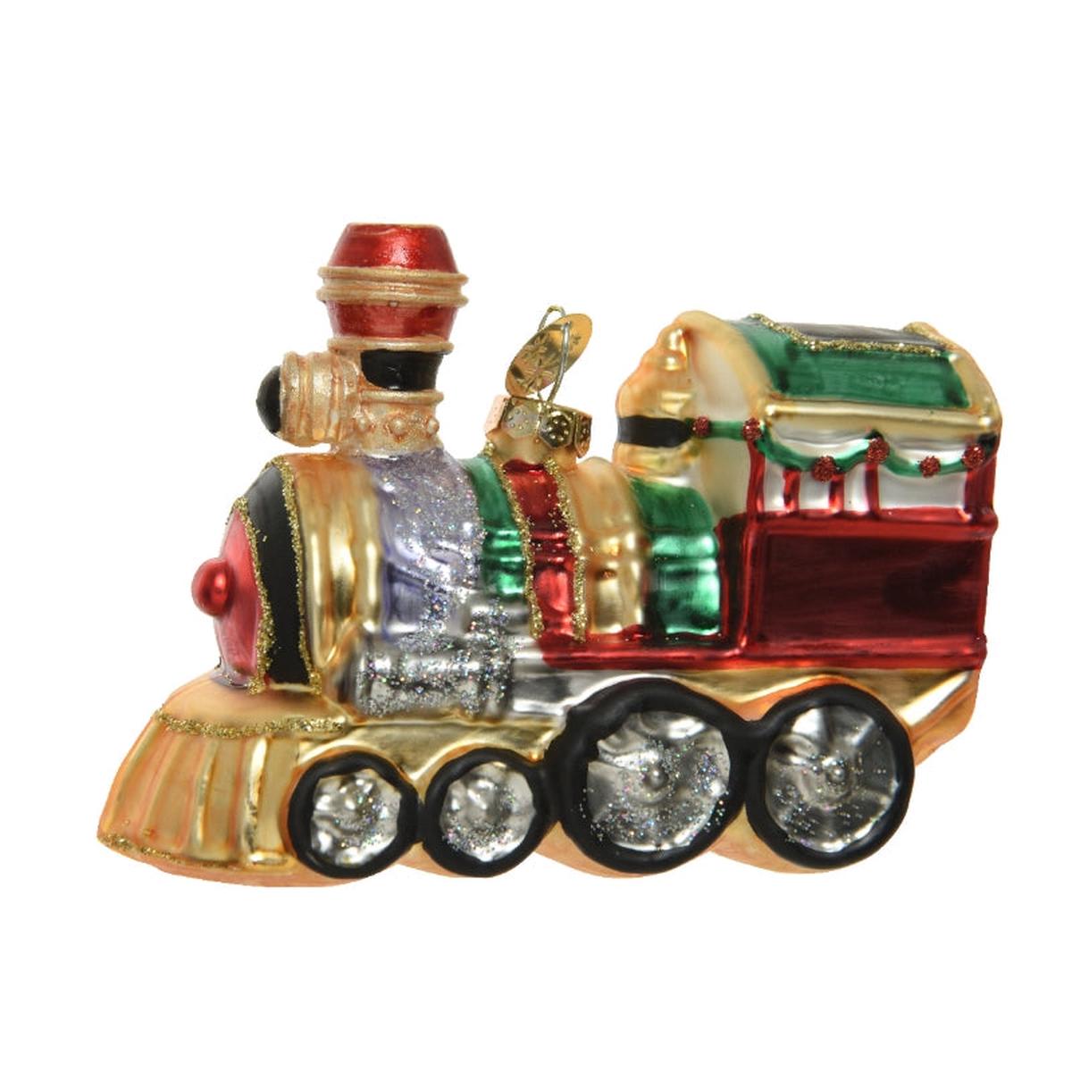 10cm Glass Christmas Tree Ornament with Gold, Green, and Red Train