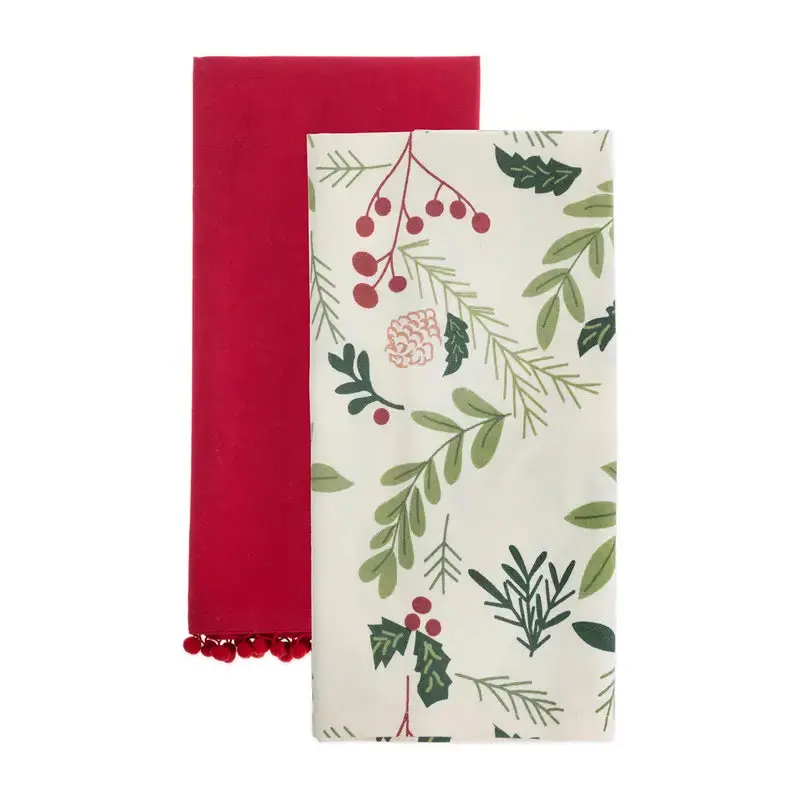 Holly & Berries Cotton Tea Towels Christmas Set of 2