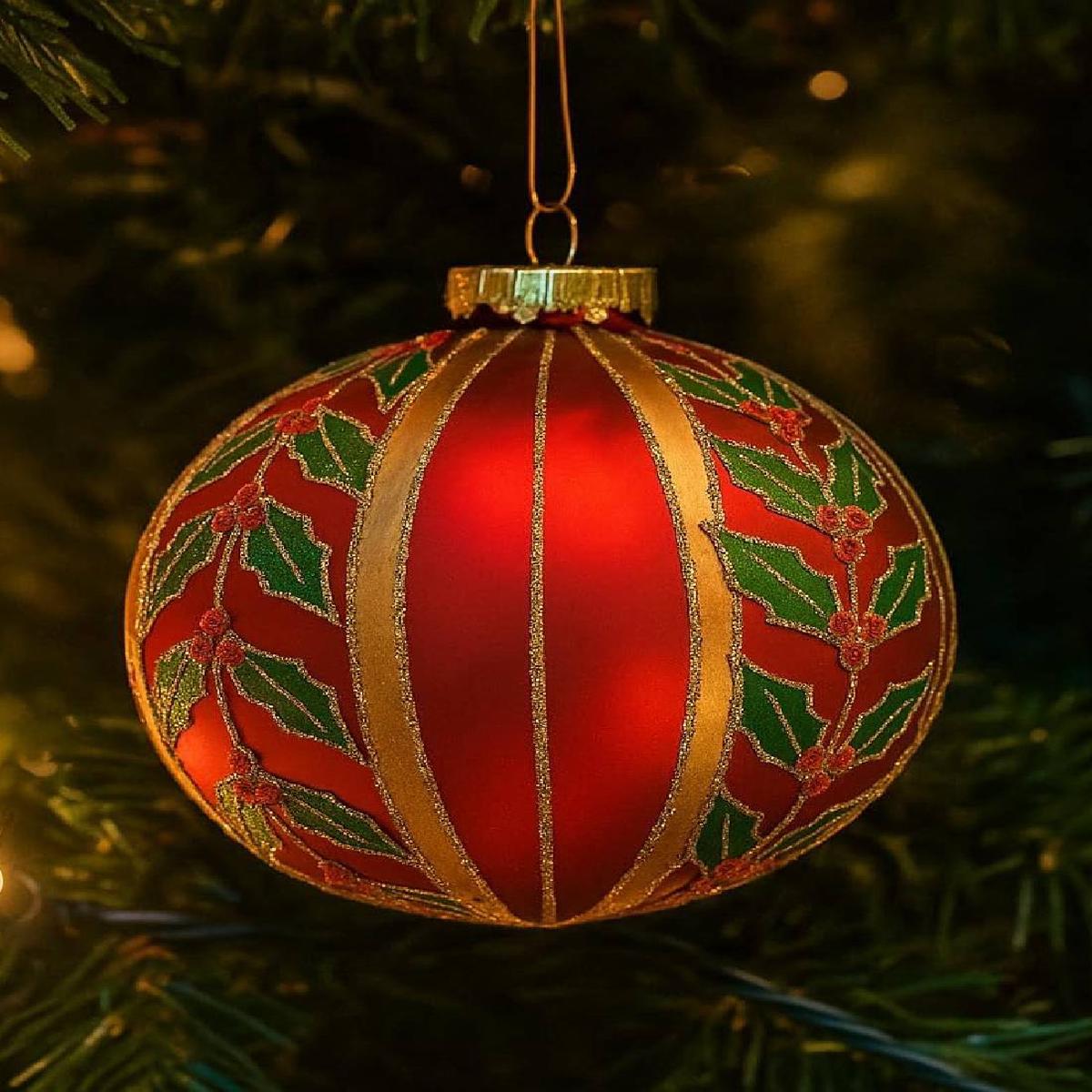 12cm Glass Christmas Tree Bauble with Holly