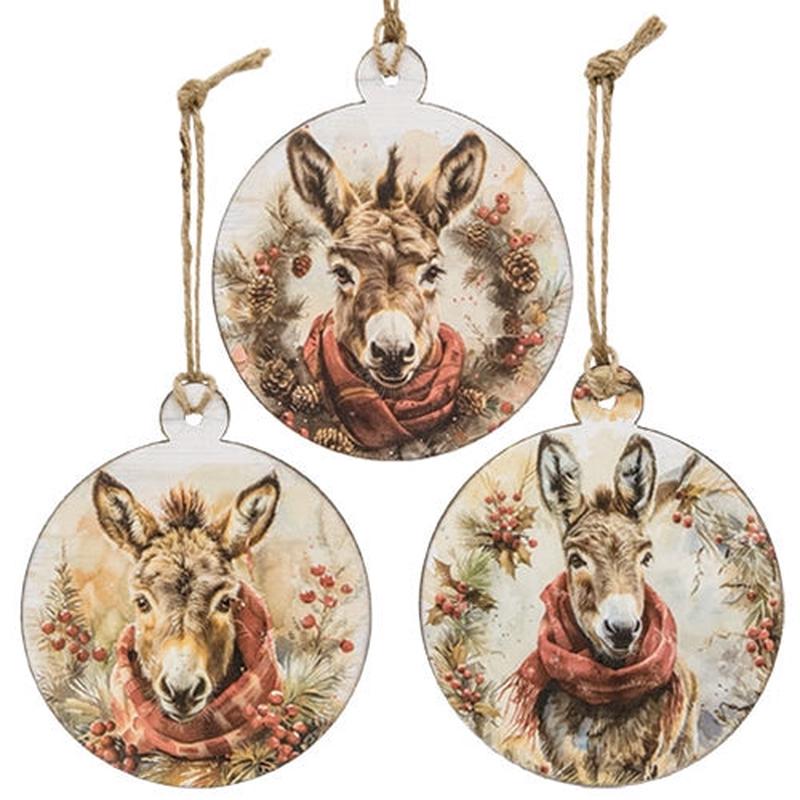 Winter Woodland Donkey Round Wooden Ornament - 3 Asstd.