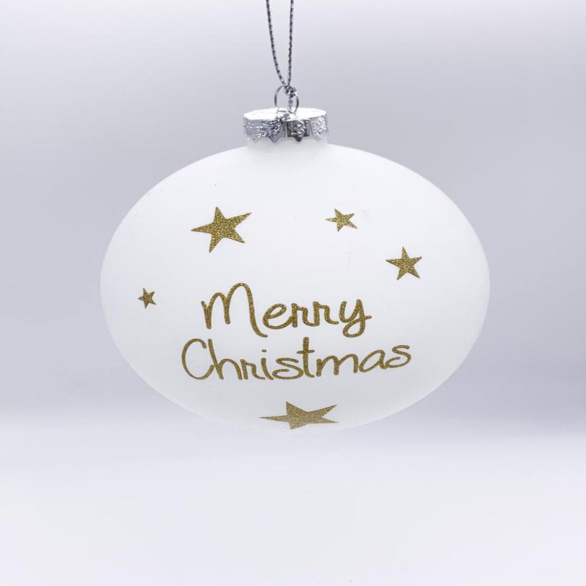 White Glass Christmas Tree Ball with Merry Christmas and Stars, 10cm