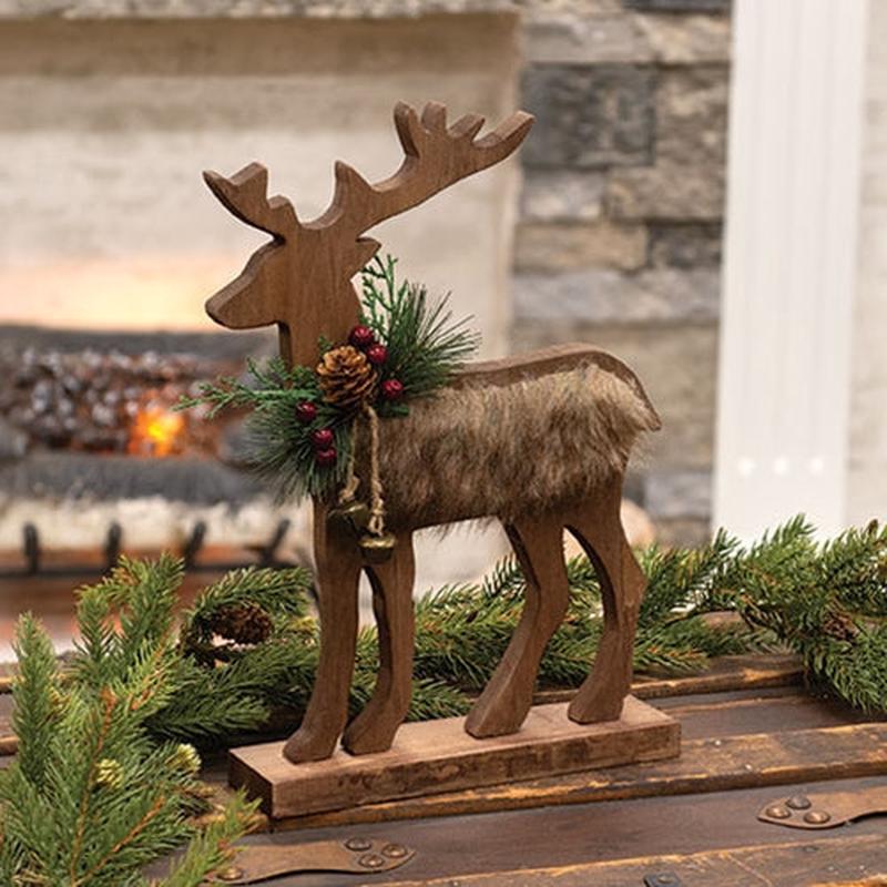 Wooden Reindeer on Stand w/ Fur 13.5