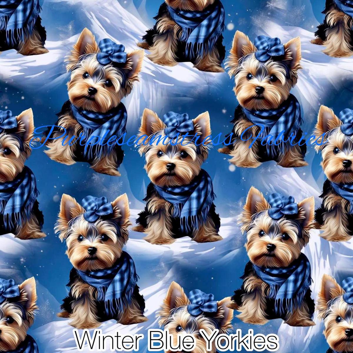Winter Blue Yorkies  Fabric