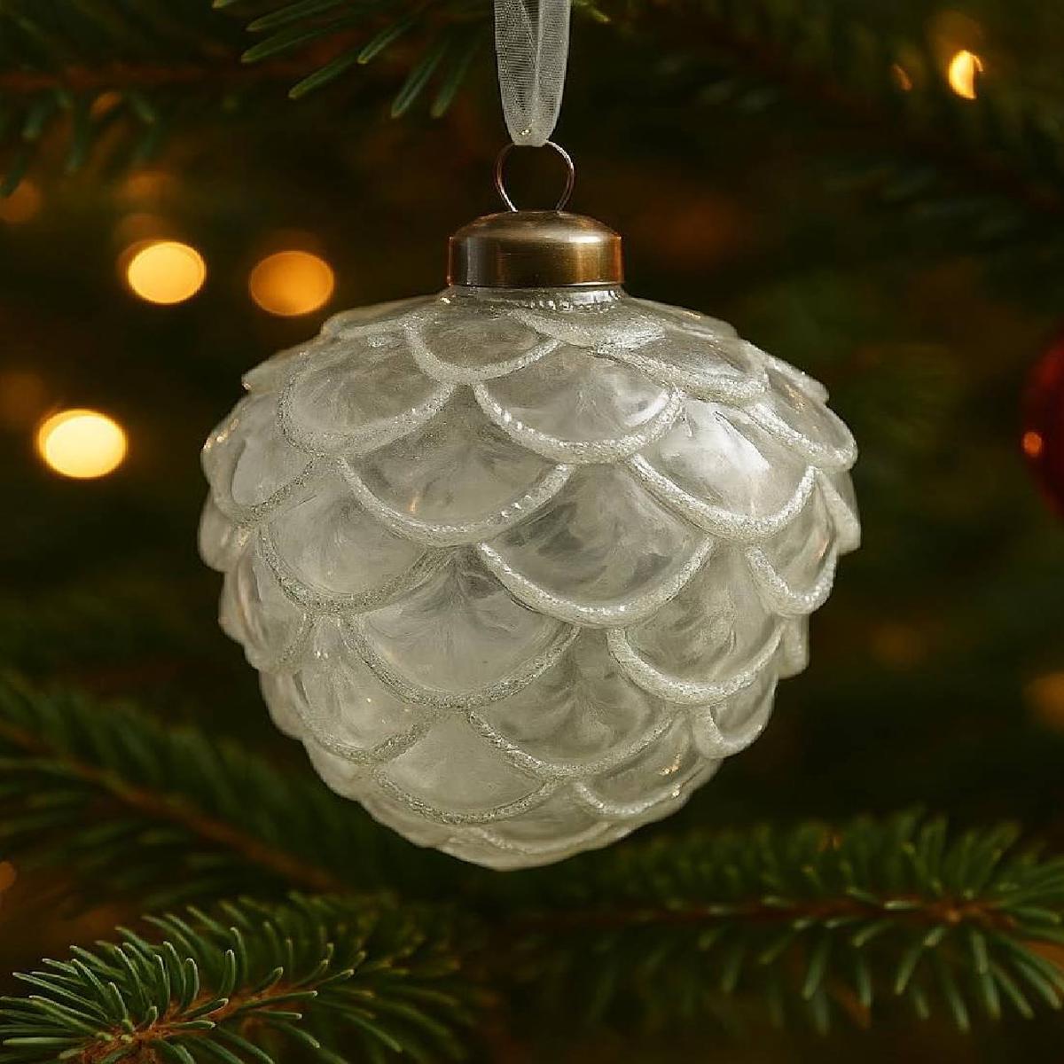 10cm White Glitter Pine Cone Glass Christmas Tree Decoration