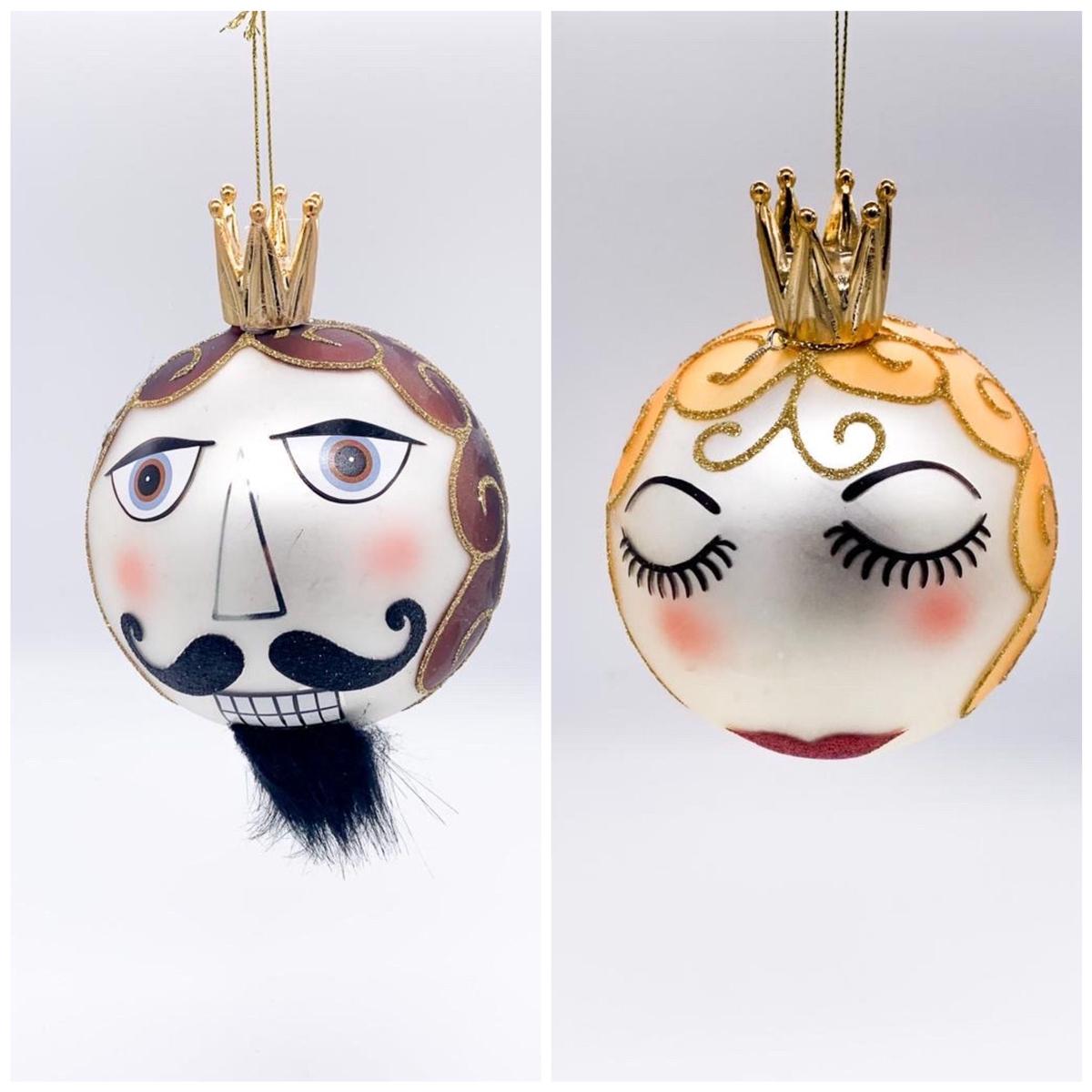 10cm Glass Christmas Tree Ball with King and Queen Nutcracker