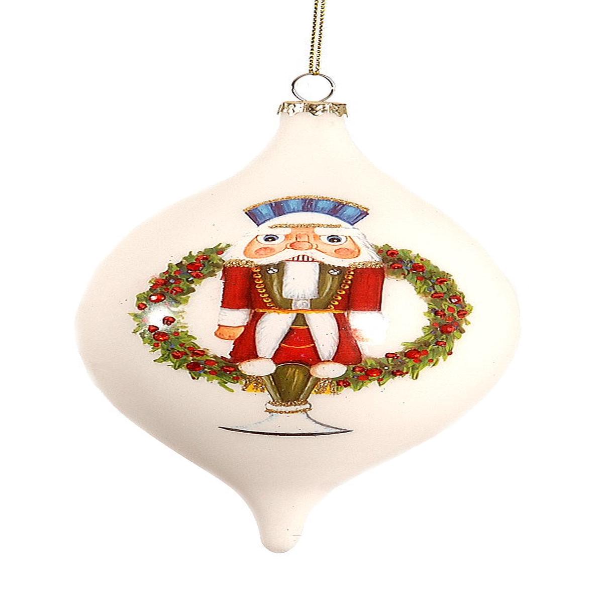 White Glass Christmas Tree Ball with Nutcracker 10cm