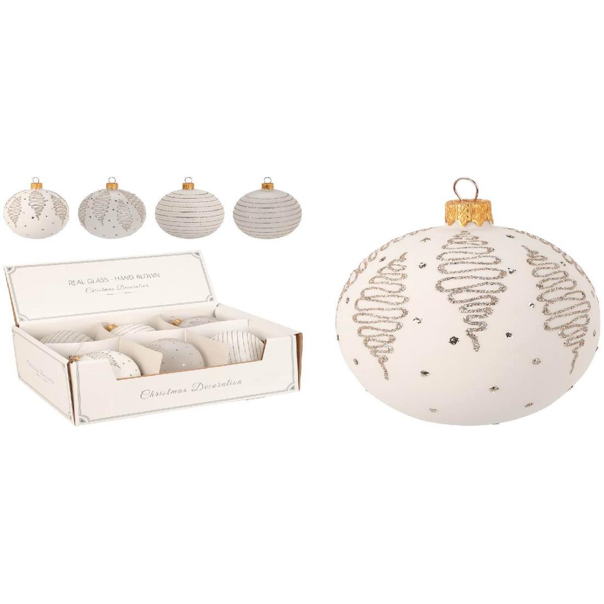 White Glass Christmas Tree Ball with Silver Decorations, 8cm