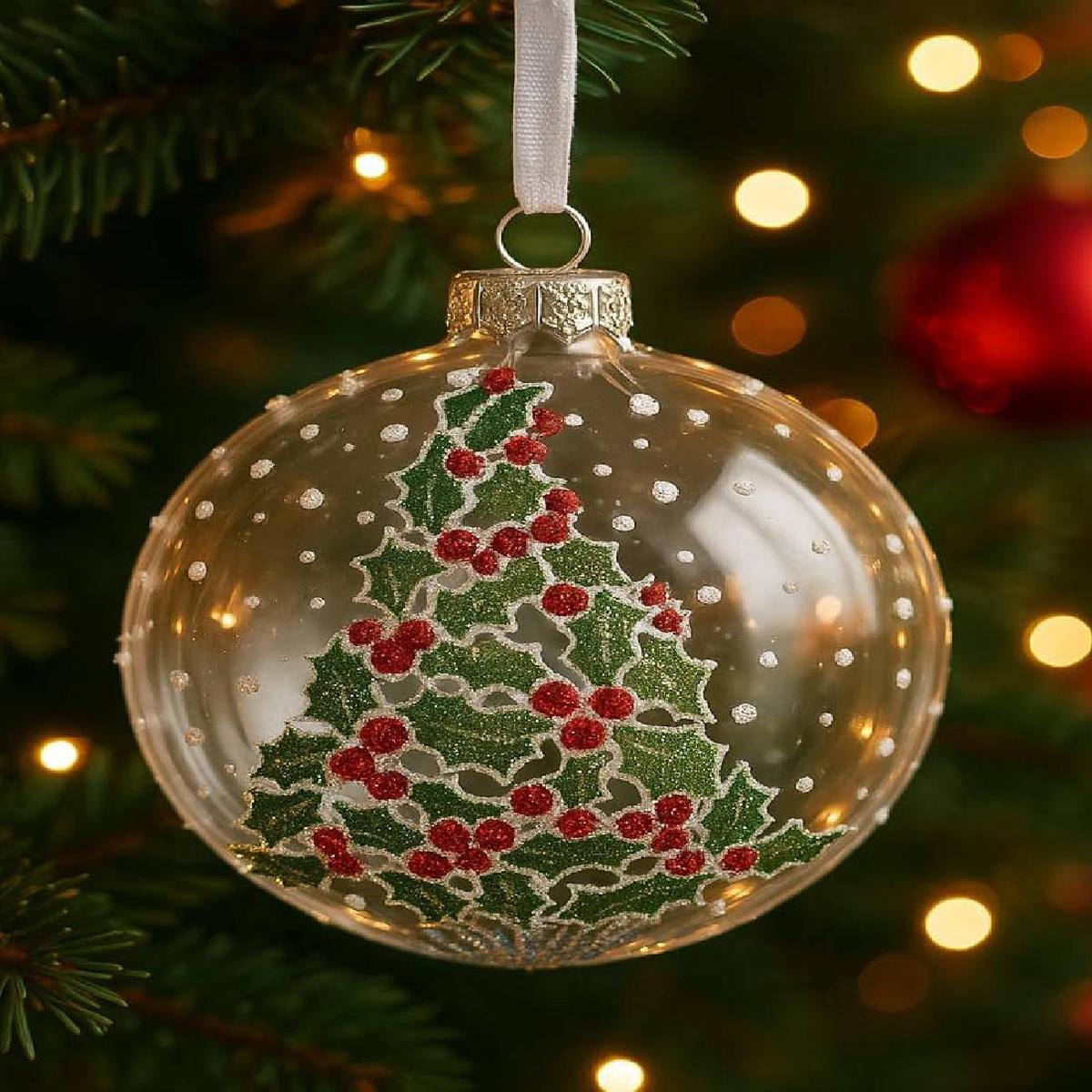 10cm Clear Glass Christmas Tree Bauble with Holly