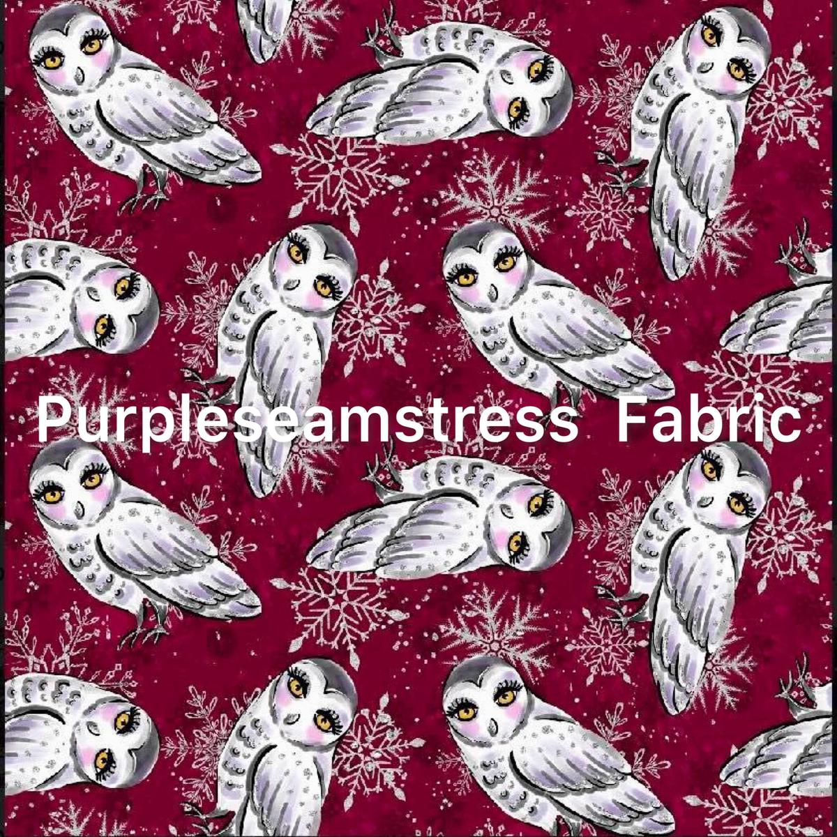 White Winter Snow Owls on Magenta  Fabric