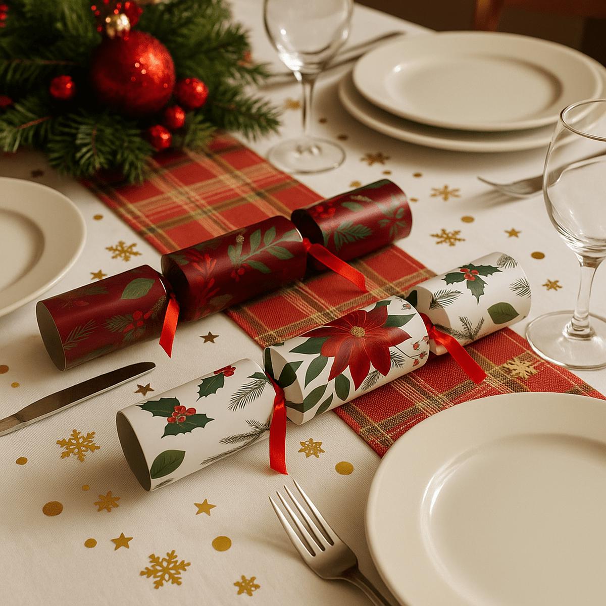 10 Deluxe Christmas Crackers - Poinsetta & Holly