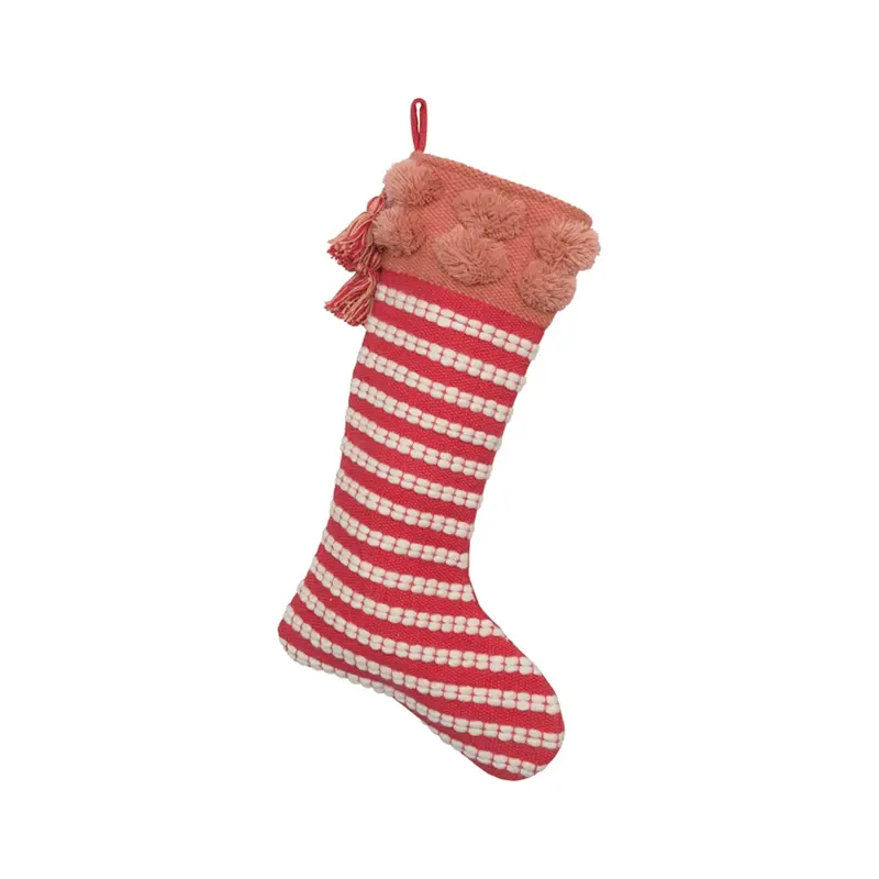 Woven Cotton Stocking w/ Pom Poms - Red & White