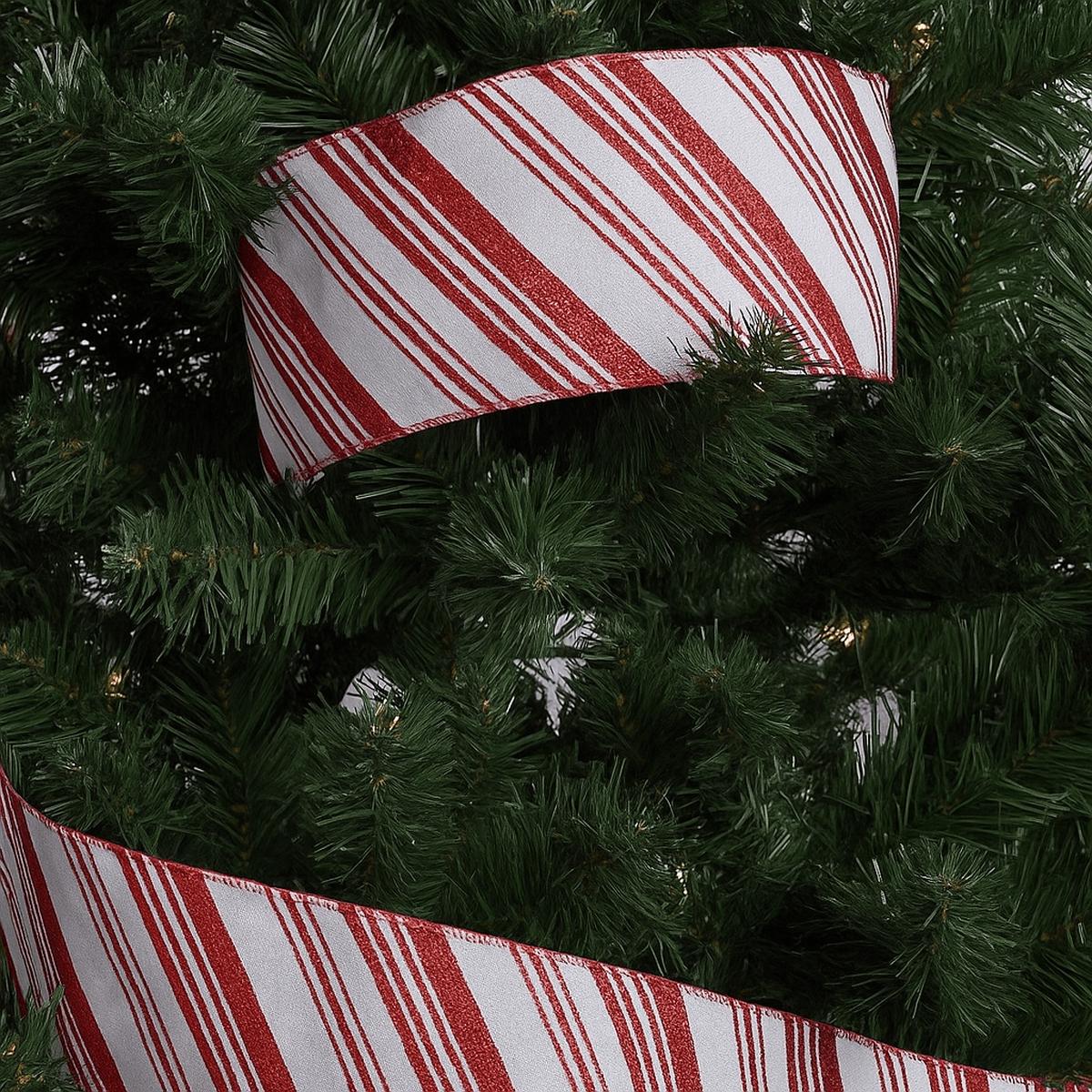 White Satin Ribbon With Red Glitter Stripes - 63mm x 10 yards