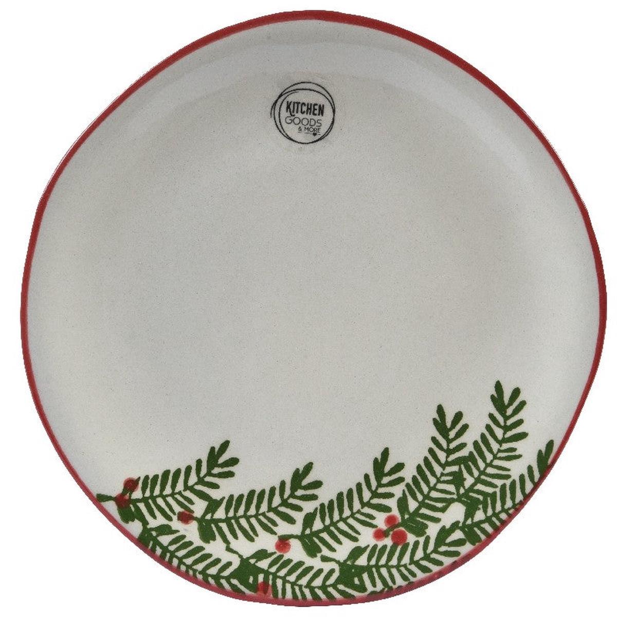 White Terracotta Flat Plate with Christmas Tree Branches, 22cm in diameter