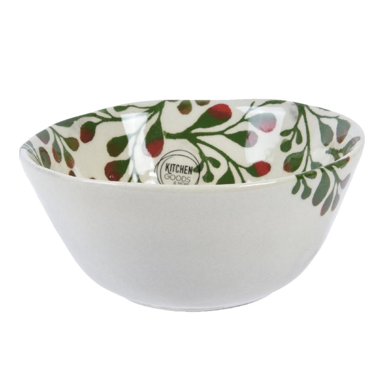White Terracotta Bowl Plate with Christmas Mistletoe, 16cm diameter