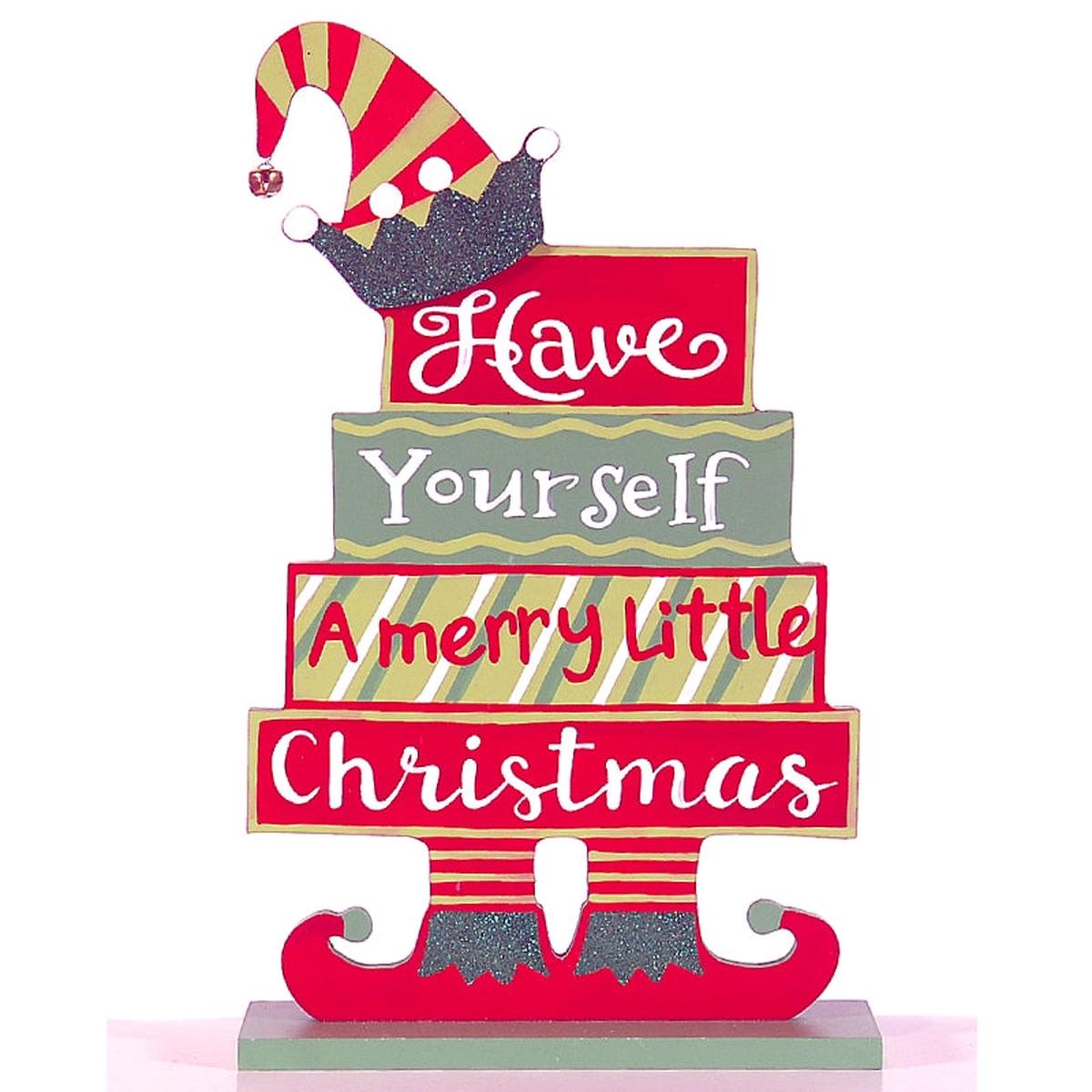 Wooden Christmas Decoration Sign with Legs and Elf Hat
