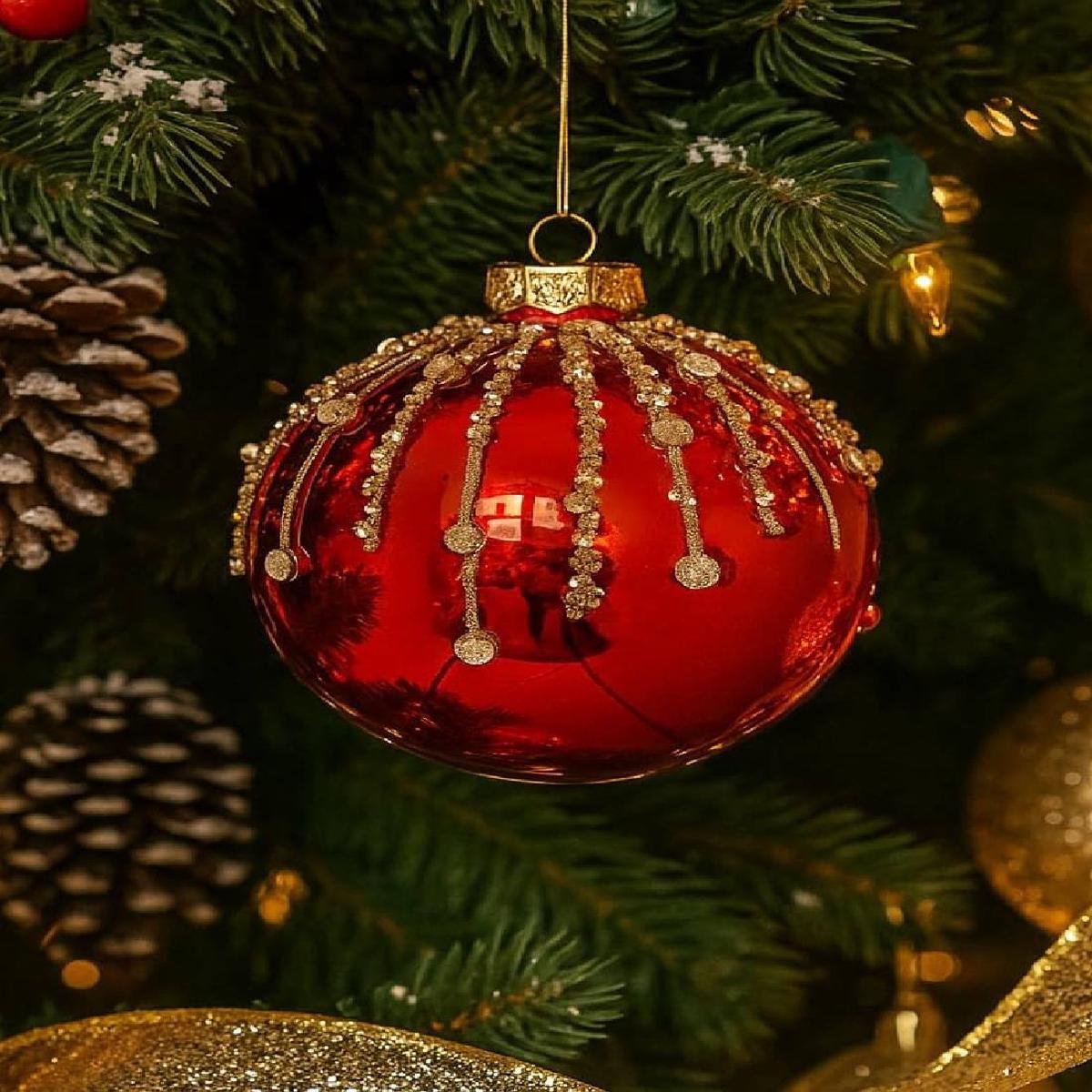 12cm Shiny Red Glass Christmas Tree Ball with Diamonds