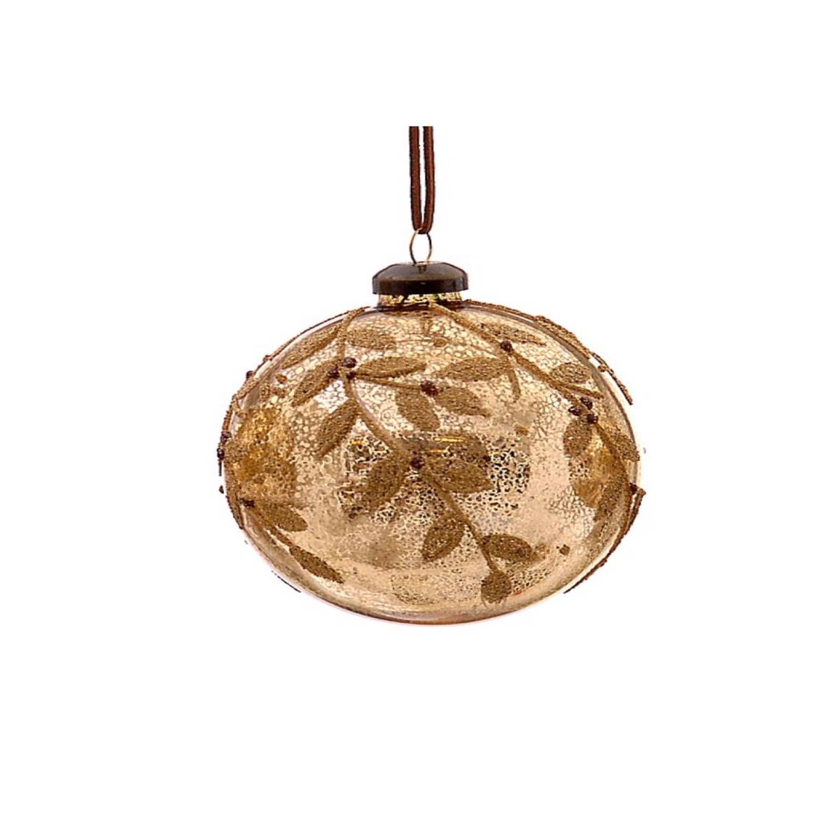10cm Gold Glass Christmas Tree Ball with Glitter Leaves