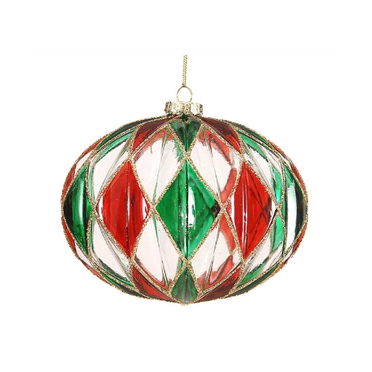 12cm Glass Christmas Tree Ball with Red and Green Diamonds