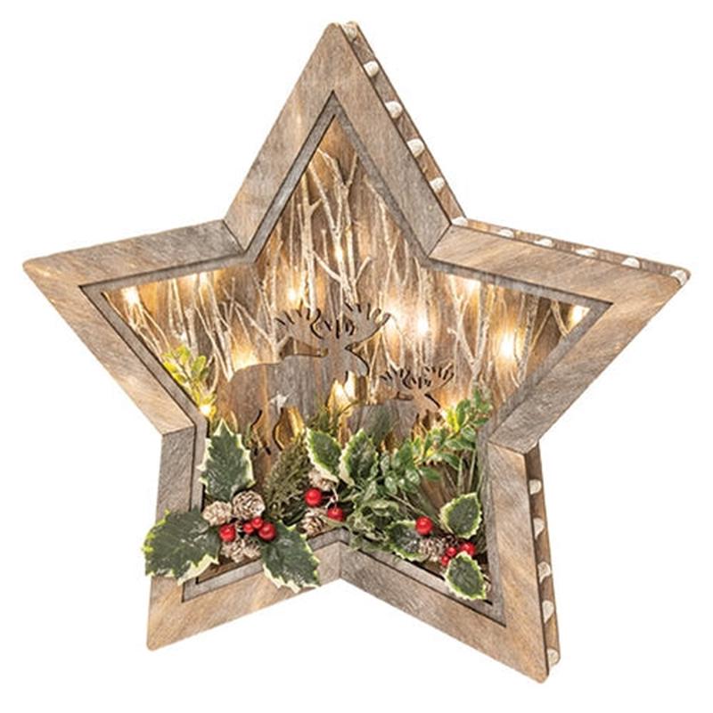 Wooden LED Star Cutout w/Deer & Holly 19