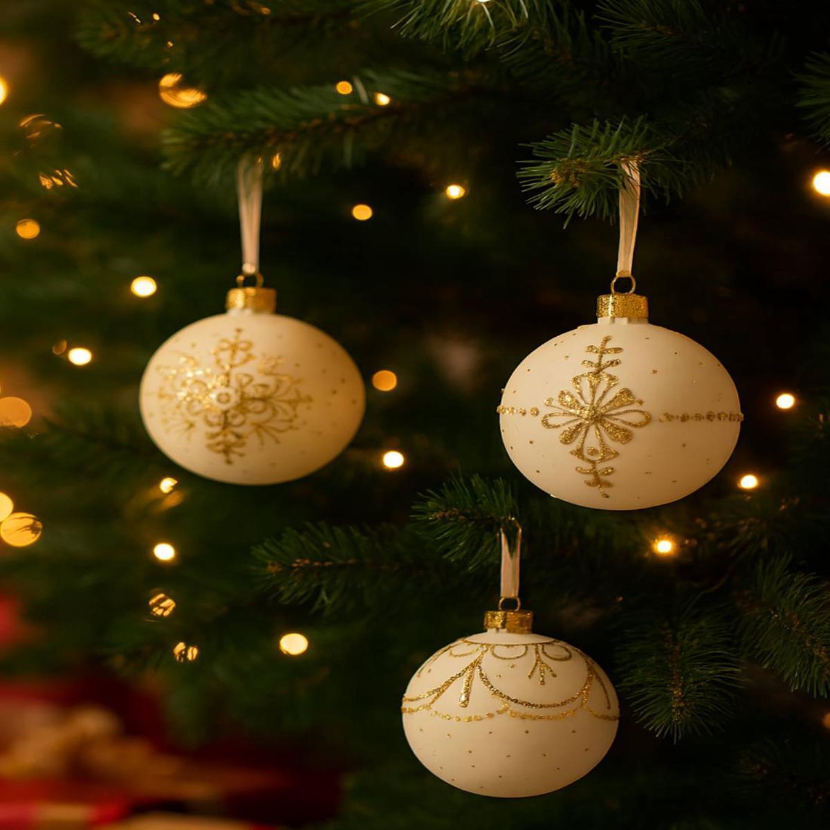 White Glass Christmas Tree Ball with Gold Decorations and Beads 8cm