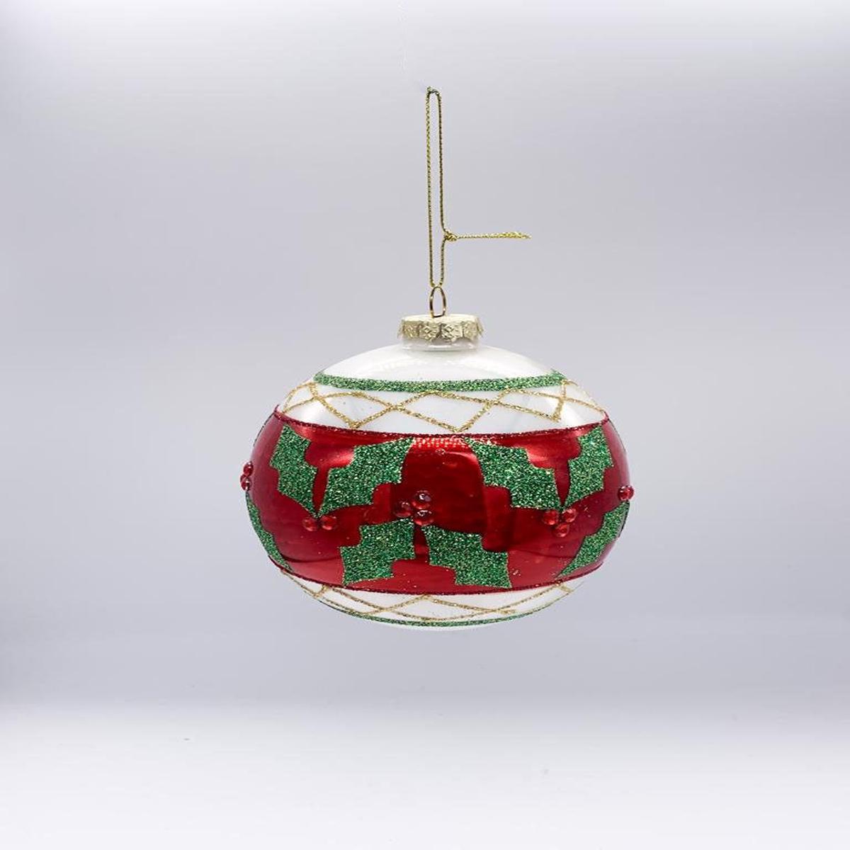 White, Red, and Green Glass Christmas Tree Ball with Glitter and Mistletoe