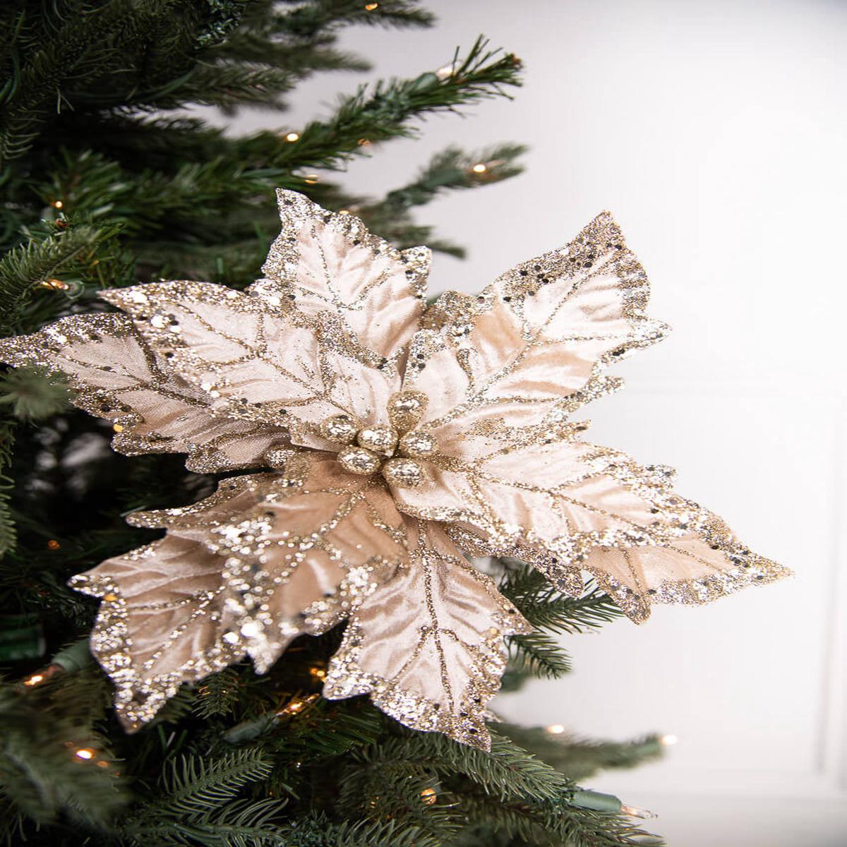 24 Inch x 12 Inch Leafy Champagne Poinsettia Stem  Glamorous Sparkle for Elegant Neutral Holiday Dcor