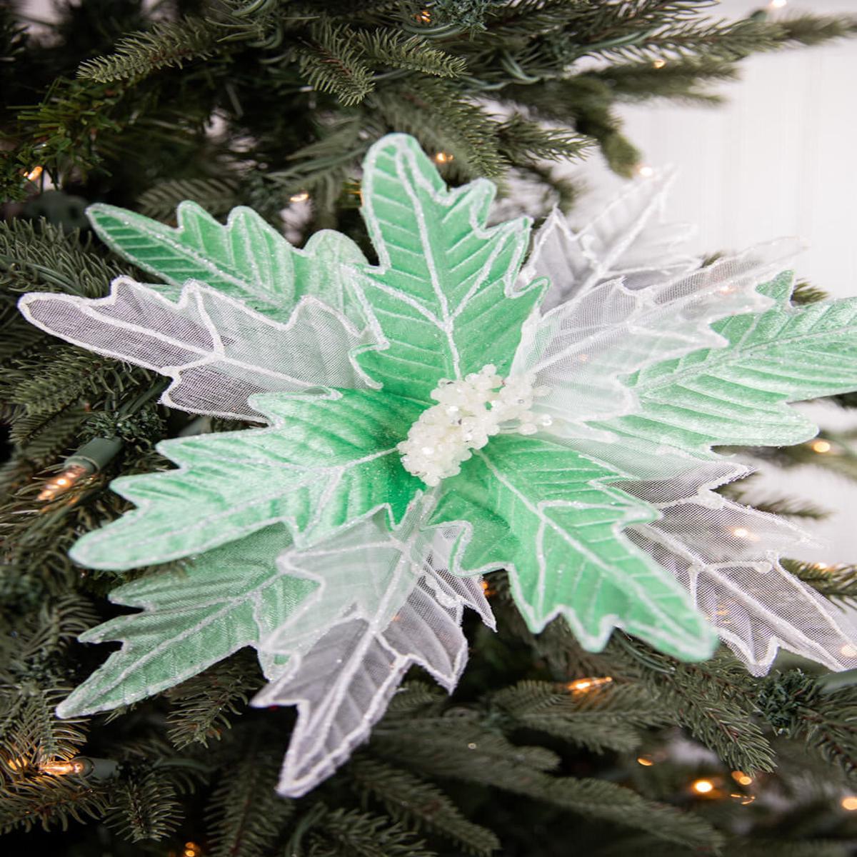 24 Inch x 13 Inch Green & White Frosted Glitter Poinsettia Stem