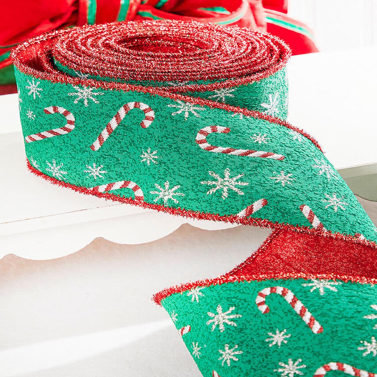 4 Inch x 10 Yard Green Red Candy Cane Jacquard Ribbon Festive Christmas Wired Decor