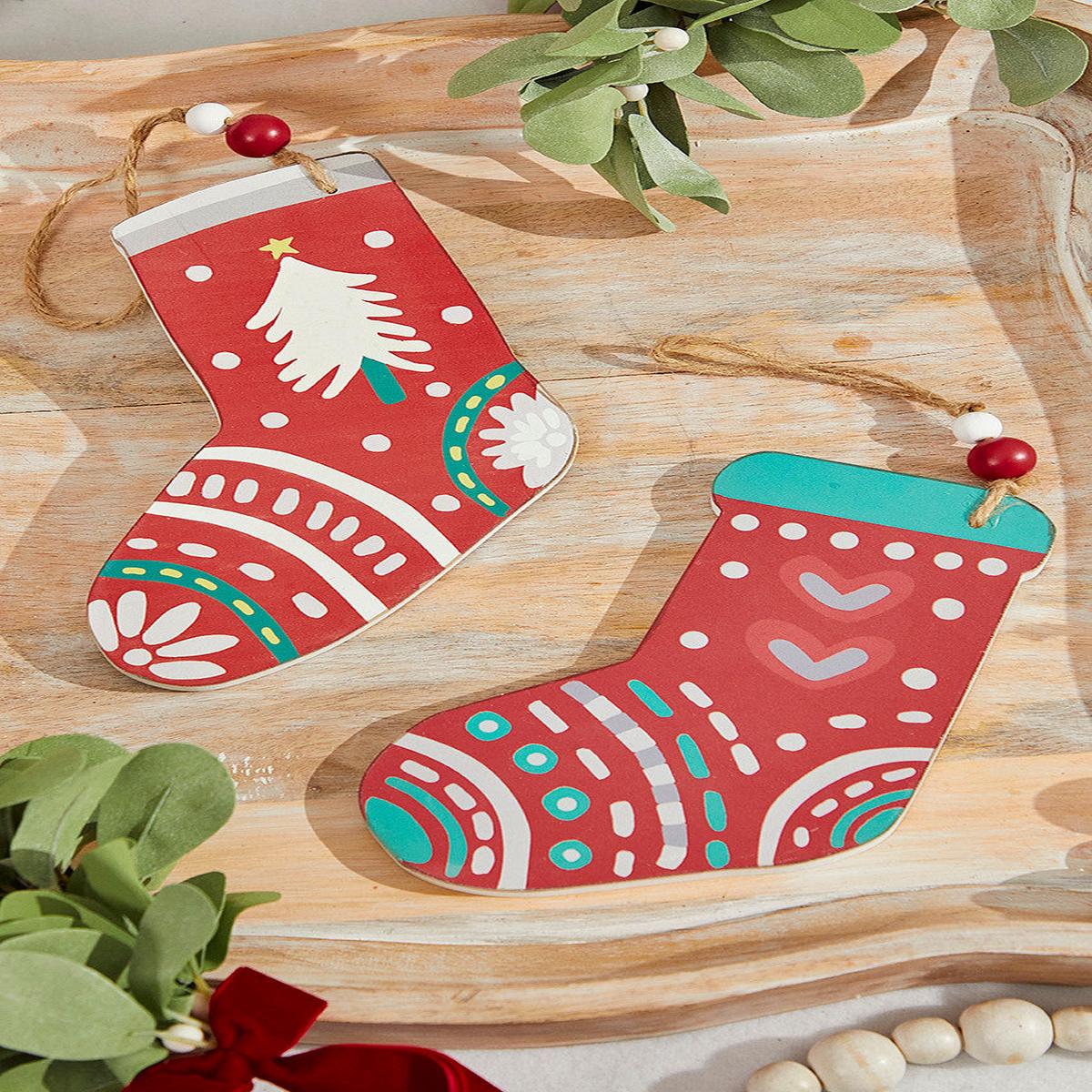 8 Inch x 6 Inch Nordic Pattern Wood Stocking Ornament