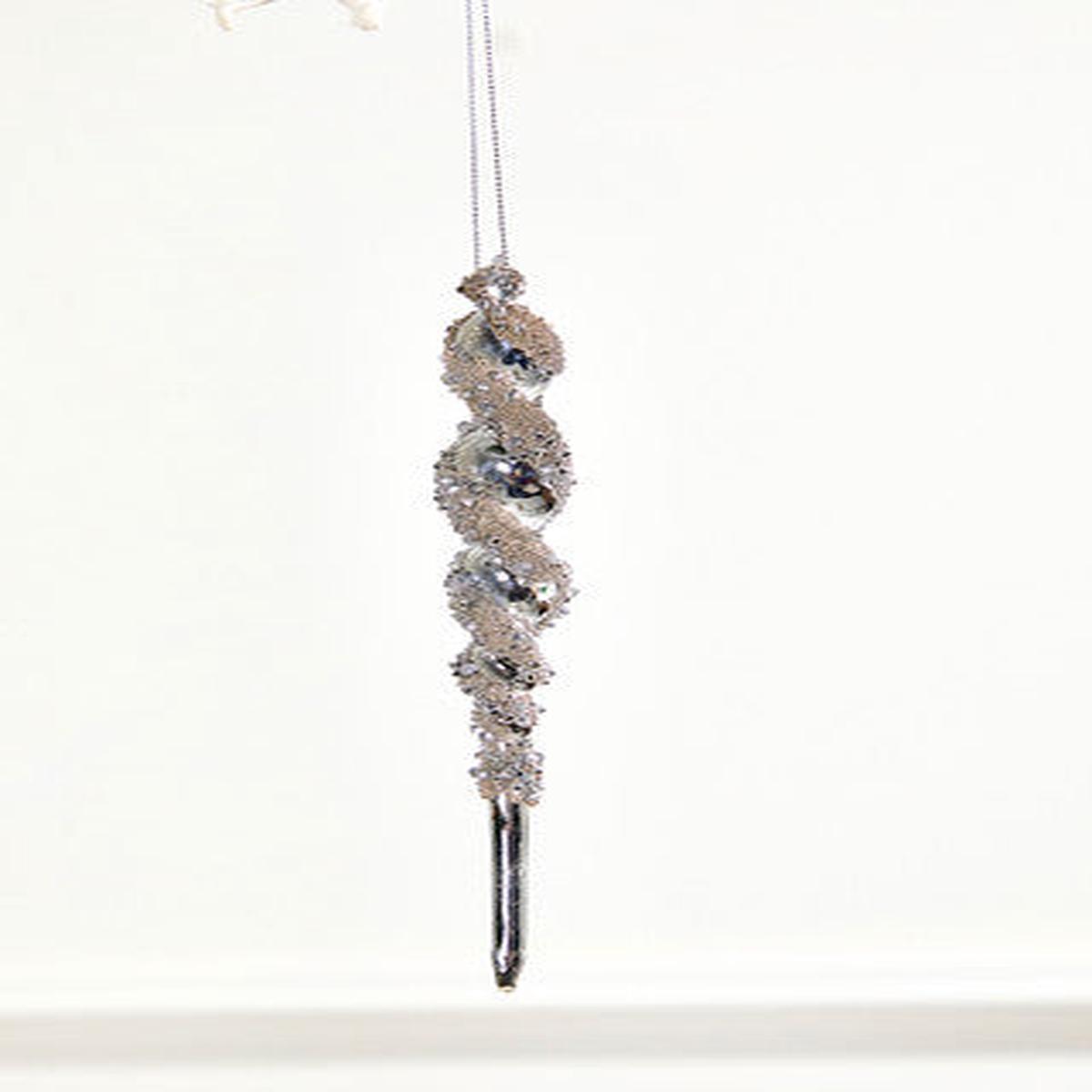 Glass Icicle Ornament 7.5 Inch Silver Christmas Tree Decoration