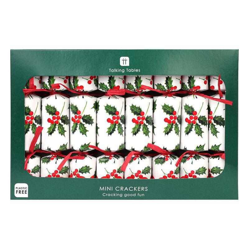 Holly White Mini Christmas Crackers - 8 Pack