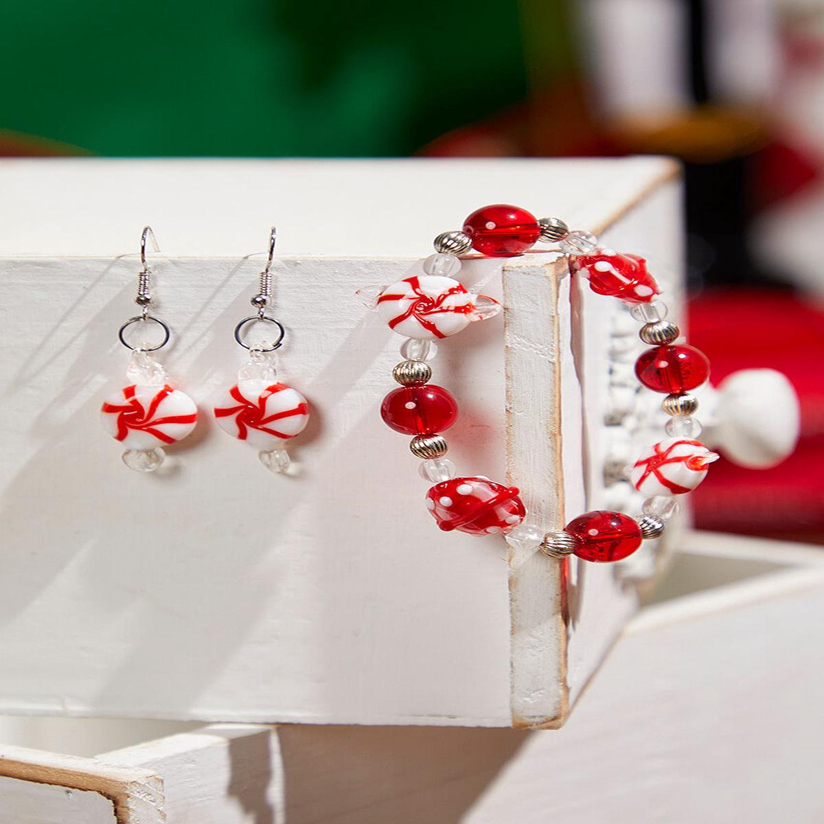 Peppermint Artglass Jewelry Set Handmade Christmas Festive Design