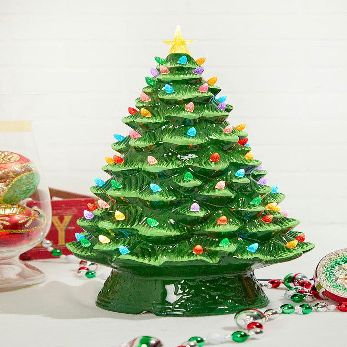18 Inch Nostalgic Ceramic Christmas Tree Green LED Vintage Holiday Tabletop Dcor