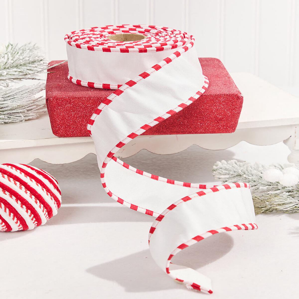 2.5 Inchi x 10 Yard White Dupioni with Red & White Piping Wired Ribbon Elegant Christmas Dcor Craft