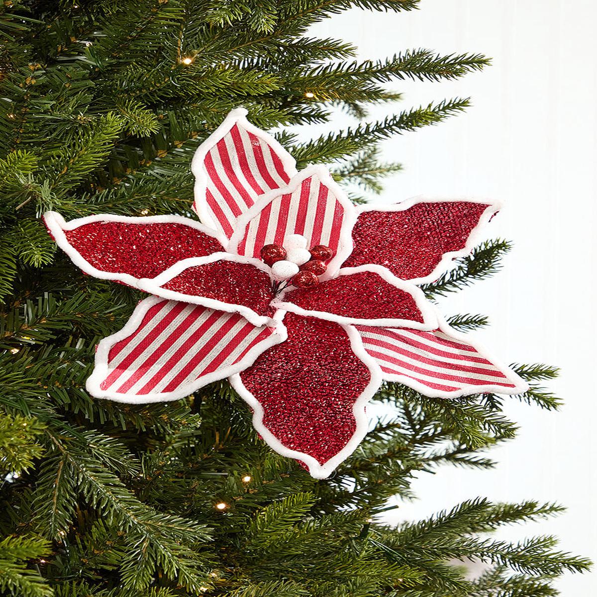 20 Inch x 13 Inch Red & White Striped Glitter Poinsettia Stem