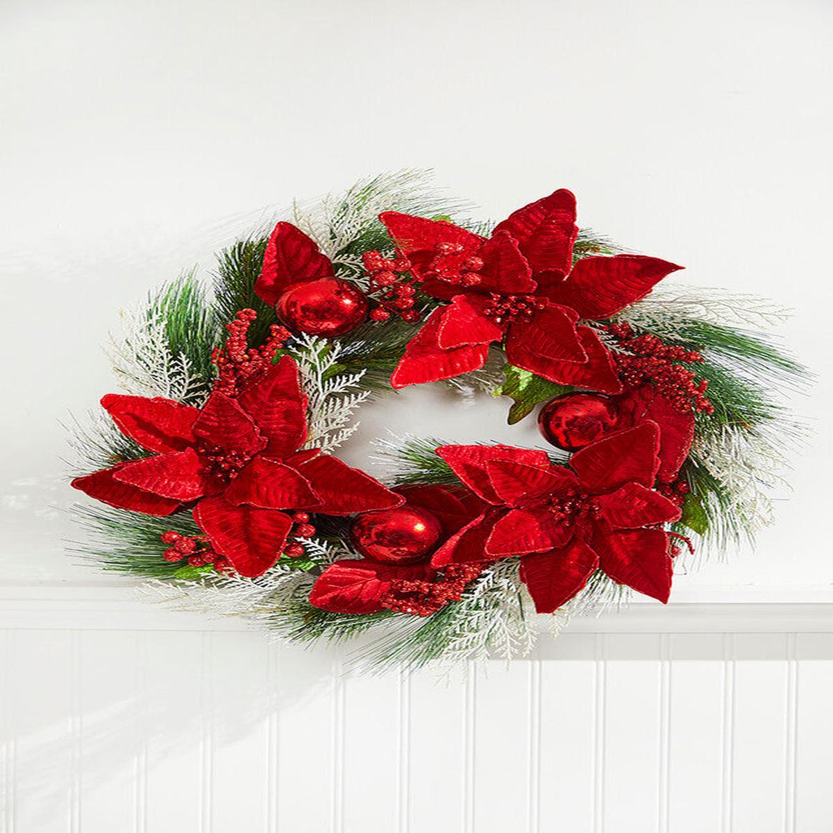 22 Inch Poinsettia With Pine Christmas Wreath Holiday Door Wall Hanging Festive Red and Green Seasonal Decor