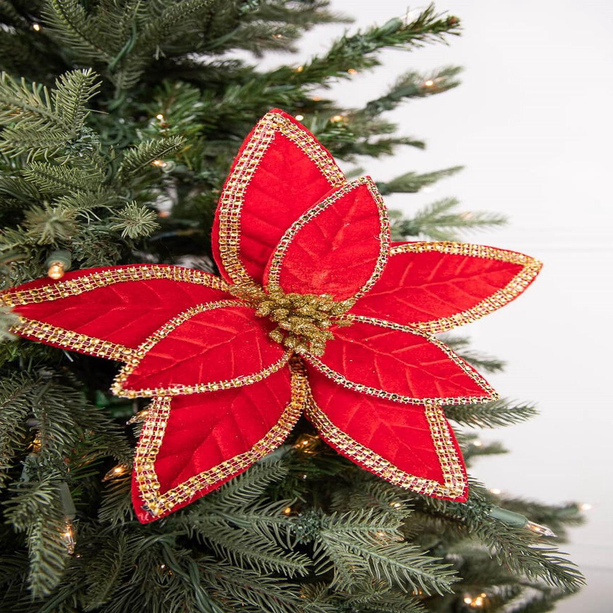24 Inch x 12 Inch Velvet Jewel Edge Gold Trim Poinsettia Stem