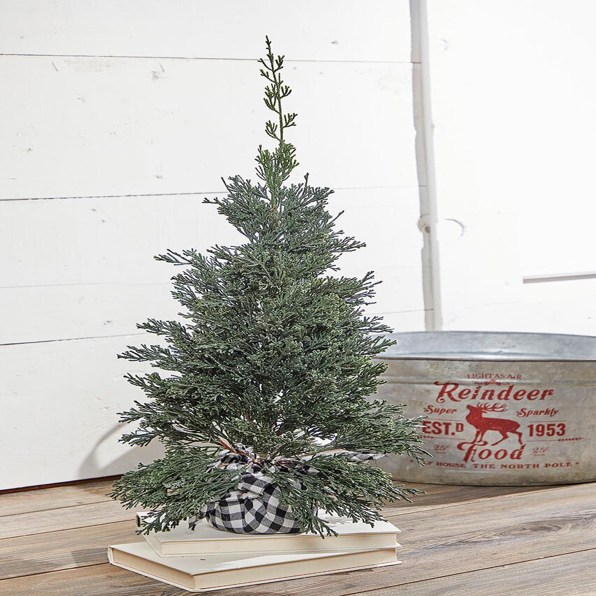 24 Inchi Plastic Cedar Tree in Black & White Buffalo Fabric Bucket Rustic Christmas Tabletop Decor